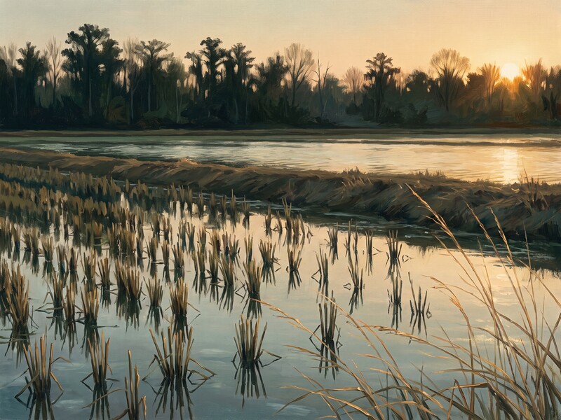 The edge of a flooded rice field at first light, cut stubble and standing water running back to a distant treeline.