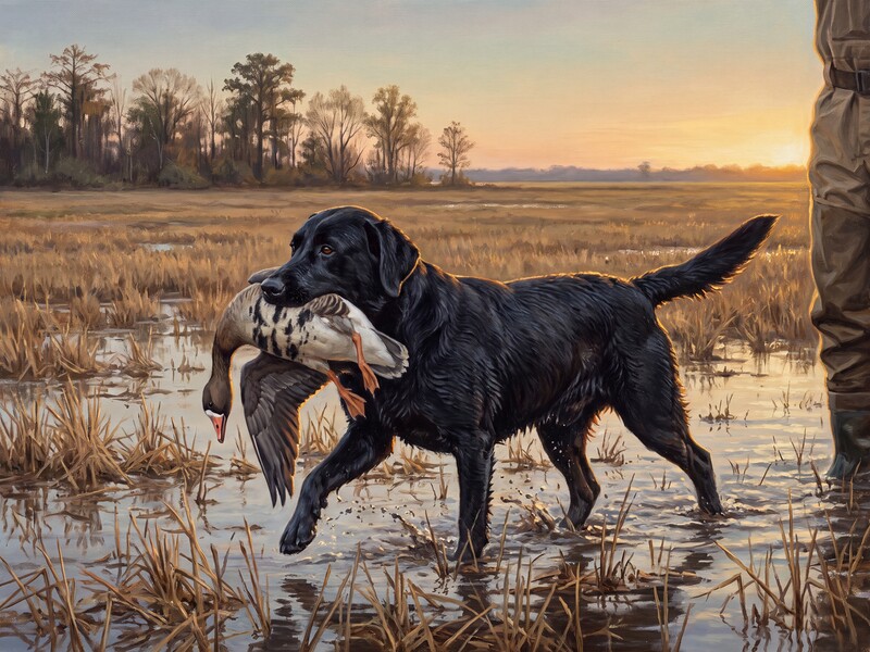 A black Labrador retriever carrying a downed goose across a stubble field, the handler's boots at the edge of the frame.