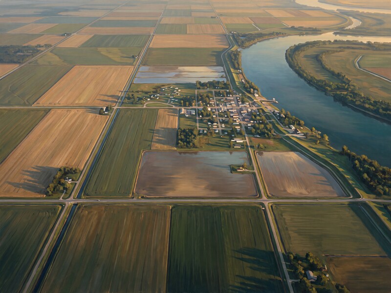 Aerial view of Arkansas Delta farmland around Lake Village, with the camp on West Highway 144 marked.